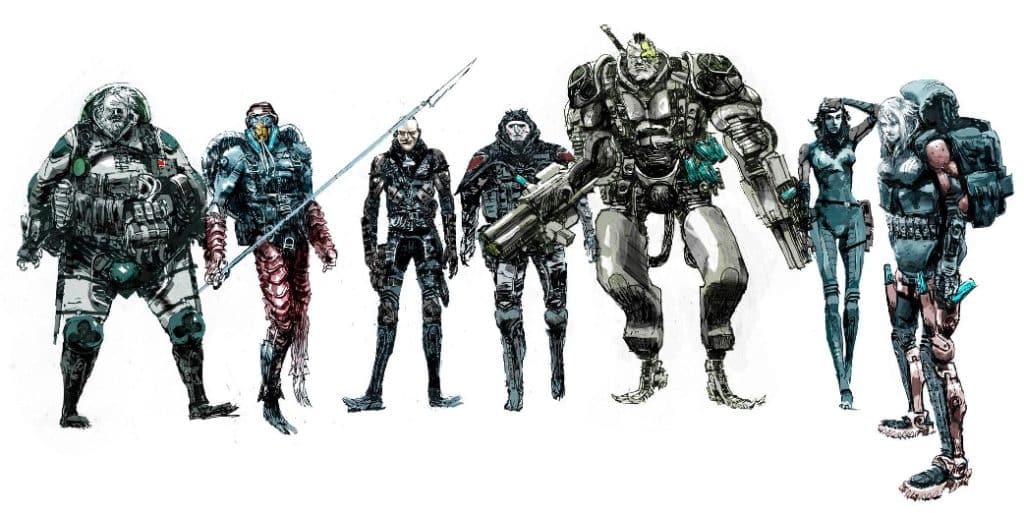 Hand-drawn colored pencil and pen character designs for Crossfire, a sci-fi fantasy action graphic novel, comic, TV series, video game, or movie. All are holding weapons of some sort and dressed in tactical gear. 