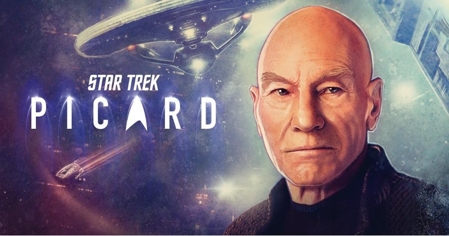 Featured image for the Star Trek streaming series: Picard. Thisi has a drawn or painted version of the main star, Patrick Stewart's Picard in front of a space background with the starship Enterprise and other outer space elements in a light blue and purple hue. 