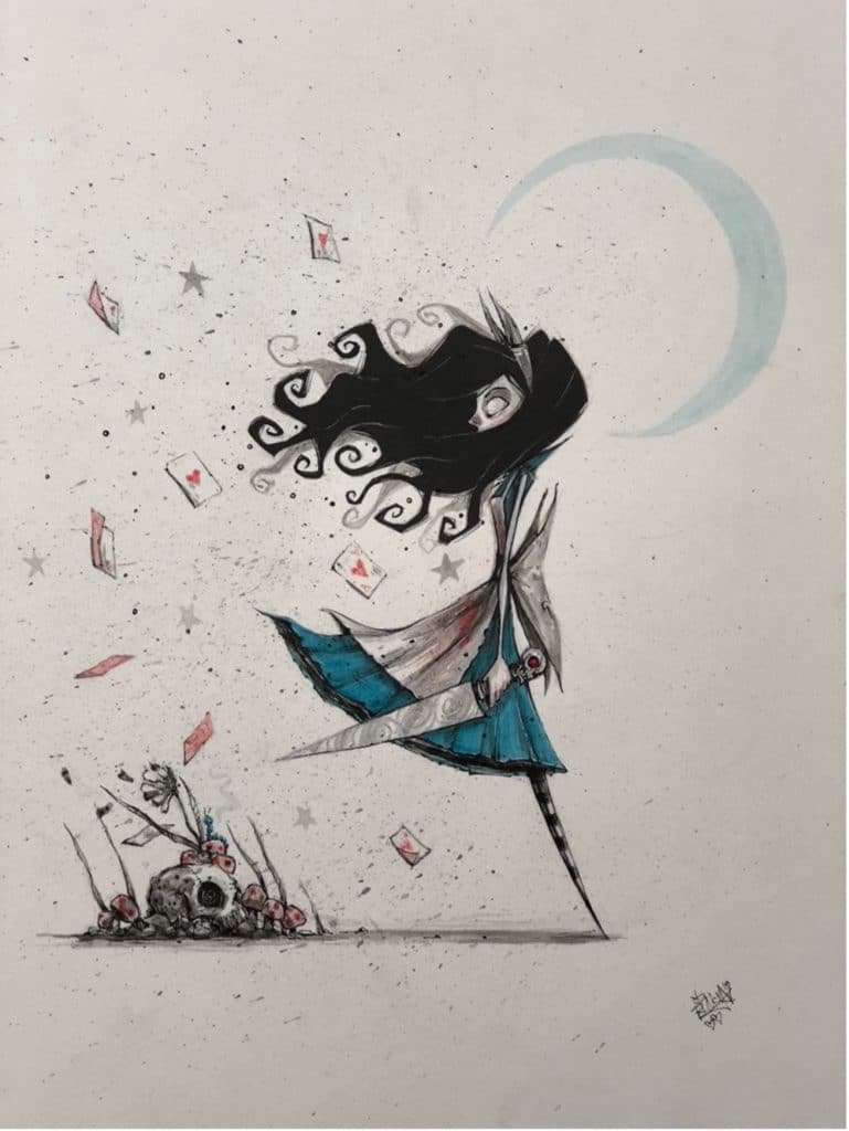 A drawing of Alice, from Wonderland with long, flowing hair and a skull. Playing cards are flying around her and a crescent moon is framing her head. By talented visual artist, Ricky Romero. 