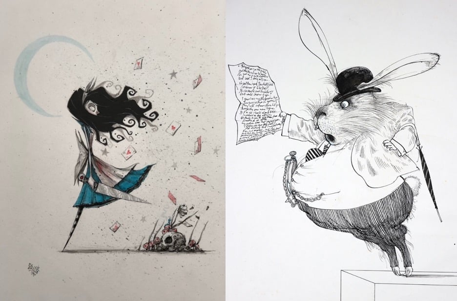 A drawing of Alice, from Wonderland with long, flowing hair and a skull. Playing cards are flying around her and a crescent moon is framing her head. By talented visual artist, Ricky Romero. 
A rabbit wearing a hat and a suit, holding a paper, standing on a soap box, presumably reading to a crowd that you cannot see. Inspired by the March Hare, from Lewis Carroll's book: Alice's Adventures in Wonderland. By artist, Ralph Steadman. 