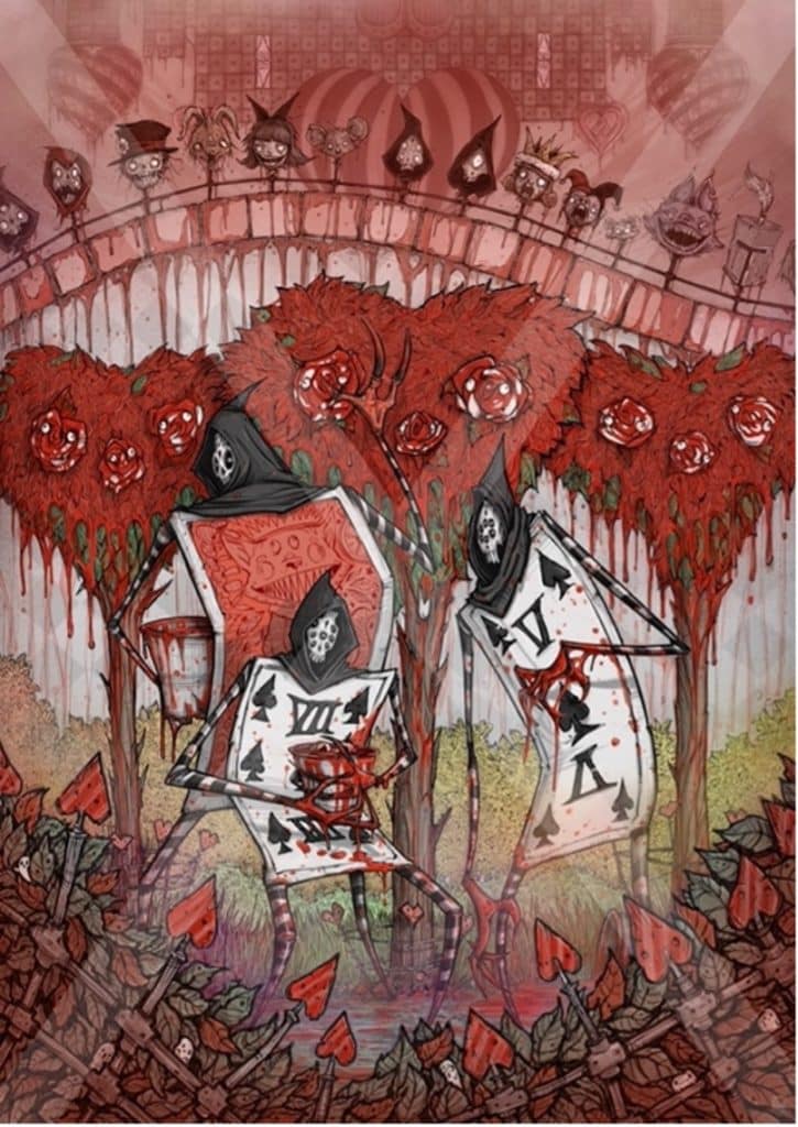 A group of playing cards spades, who are covered in blood and surrounded in a heart shape, by Queen Redd's soldiers. By artist, Ricky Romero. 
