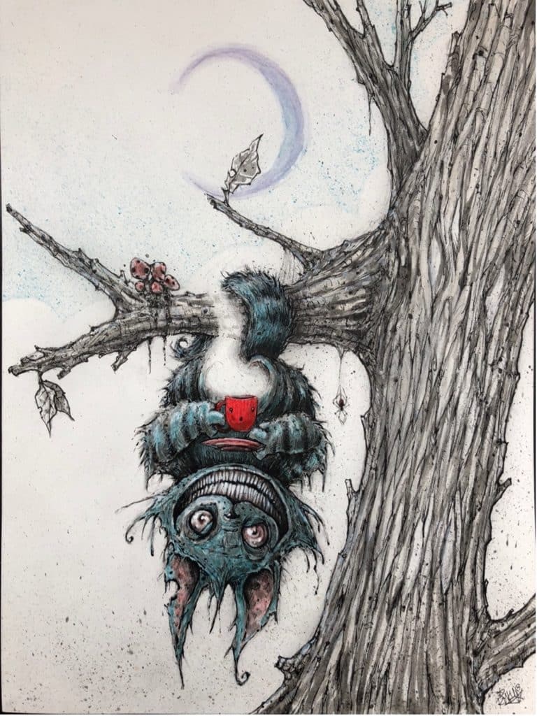 A detailed drawing of a the Cheshire Cat, from Alice in Wonderland, hanging upside down from a tree with no leaves, holding a red tea cup. By artist: Ricky Romero. 