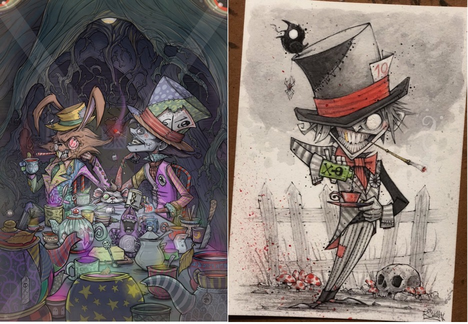 A cartoon of the Mad Hatter and the Hare, who are sitting at a table having a tea party, from the tea party scene in Alice in Wonderland. Illustration by artist Ricky Romero. A beautifully detailed pencil drawing of the mad hatter by visual artist, Ricky Romero. 

