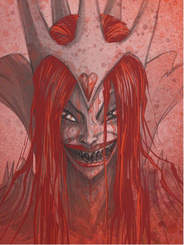 A drawing of The Redd Queen, from Frank Beddor's The Looking Glass Wars. Her red hair flowing down her face and shoulders, that looks like blood. She is wearing a pointy crown and her teeth are also sharp and pointy. 