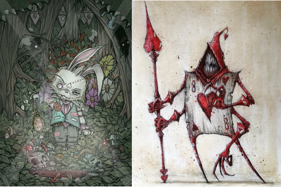 A cartoon art print by artist, Ricky Romero. This is a colored pencil drawing of the white rabbit in a forest. Inspired by Lewis Carroll's Alice's Adventures in Wonderland book and body of literature he inspired. 
Artist rendering of a playing card suit holding a spear. Made by artist, Ricky Romero. This is the 8 of hearts and is one of Queen Redd's army from The Looking Glass Wars, by Frank Beddor. 
