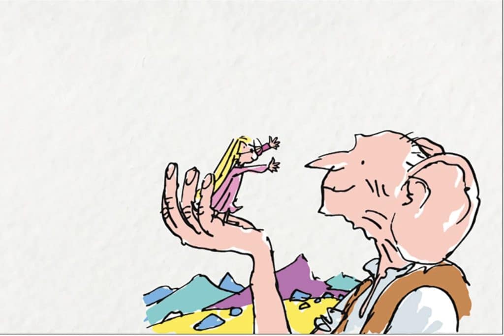 A cartoon of a person holding another smaller person in their hand. The larger person has ears that are bigger than the rest of his head. By artist, Roald Dahl. 