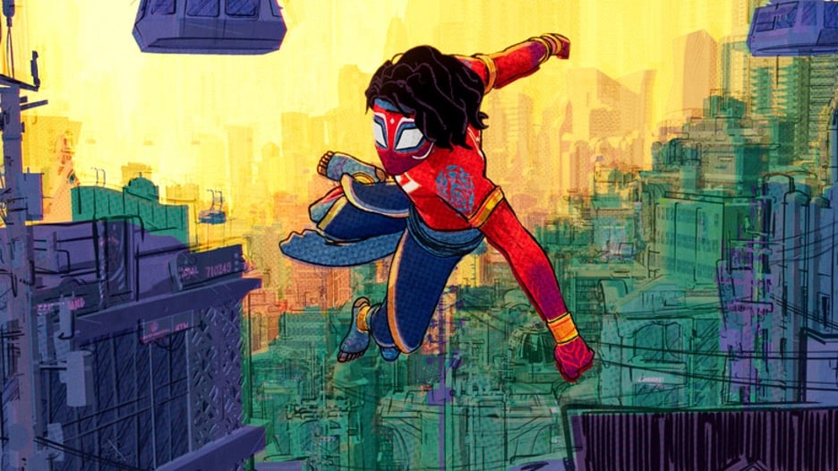 Cartoon illustration of Mumbatton East Indian Spider-Man, as seen in the latest installment of Spider-Man: Across the Spiderverse. 