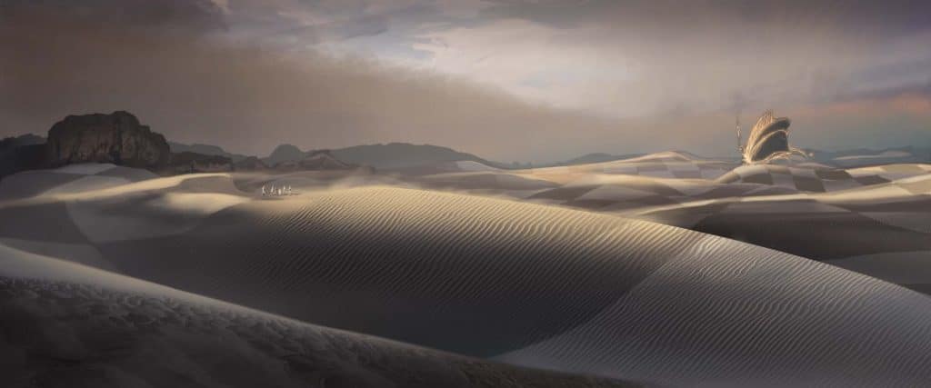 A landscape of sand dunes making up the landscape surrounding Wonderland, taken from the imagination of Lewis Carroll. illustrated by matte painter and concept artist: Brian Flora. 