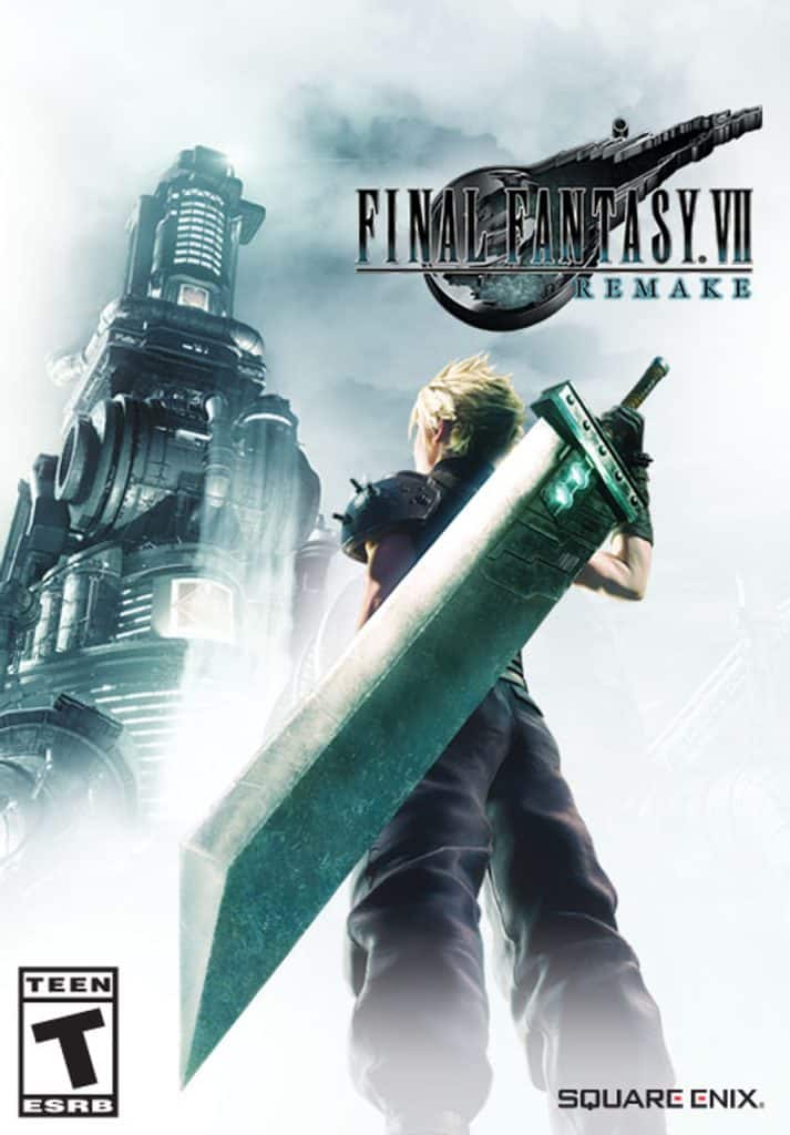 Video Game Cover Art for Final Fantasy VII. Originally released on Playstation 2. White background of a guy holding a large sword, looking towards a castle in the far distance. 