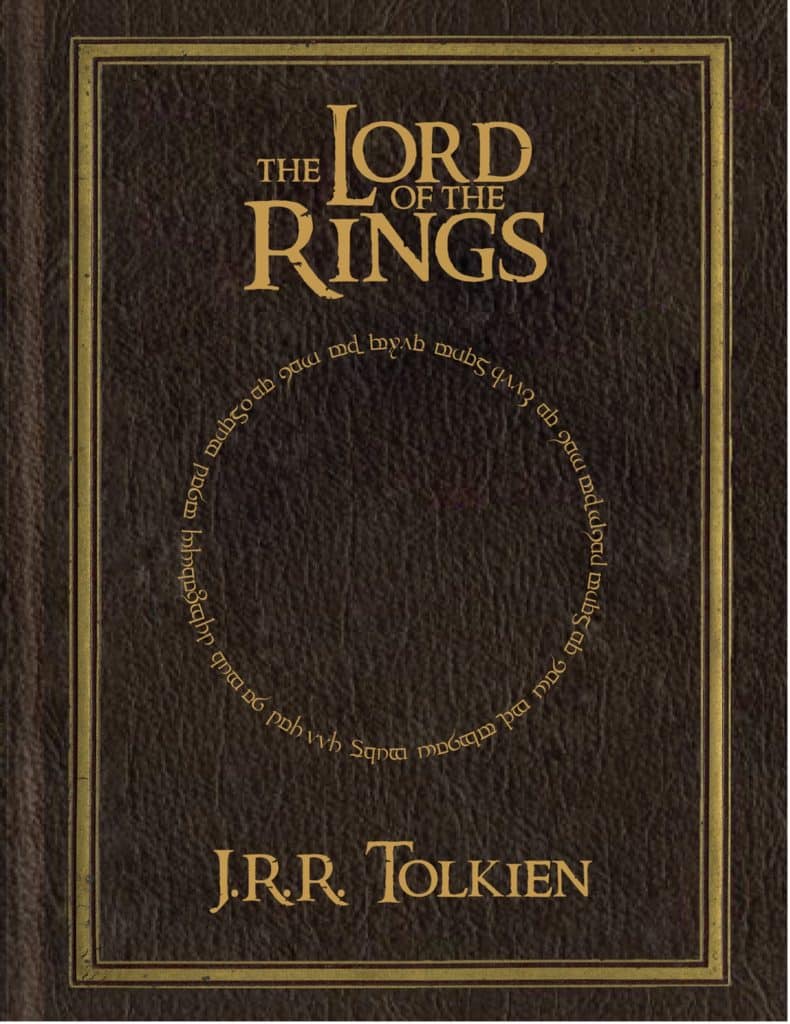 The book cover for J.R.R. Tolkien's "The Lord of the Rings" with gold text on a brown, leather-looking background. 