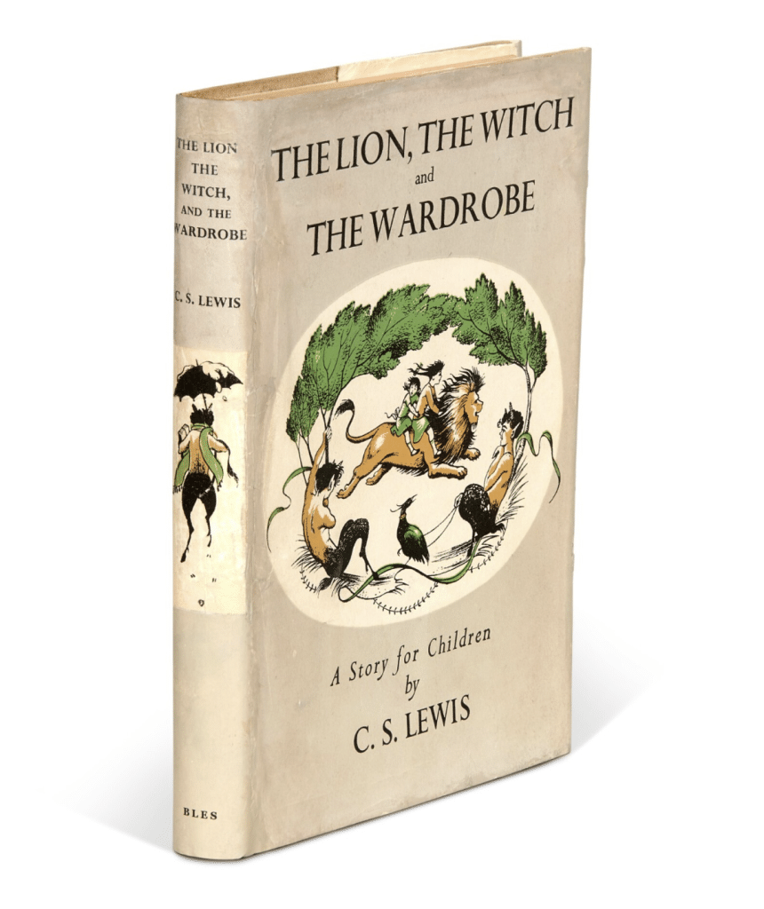 A picture of the book cover for "The Lion, The Witch and the Wardrobe" by C.S. Lewis. Featuring children riding a lion, encircled by Satyr or Faun holding palms. 