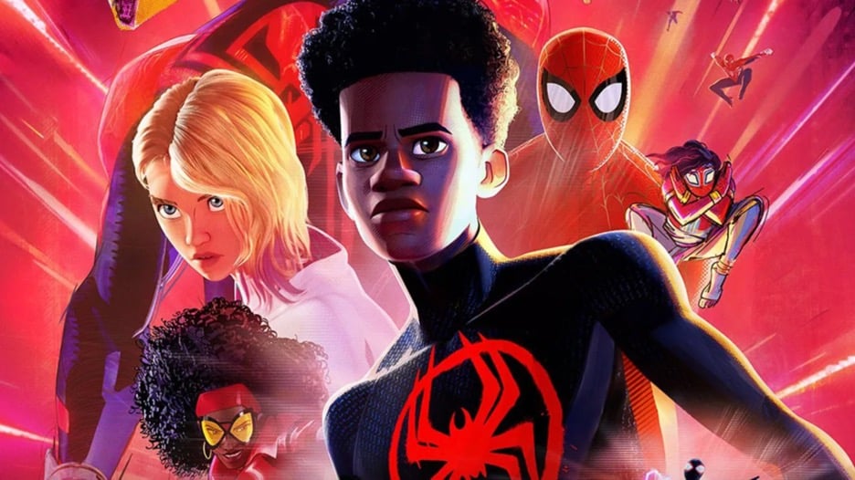 Still image of hand-drawn characters from "Spiderman: Across the Spider-Verse" with Miles Morales as the main focal point of the image. 