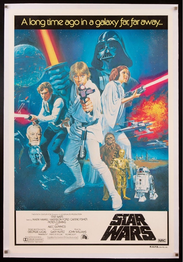 Original movie poster for 1977's "Star Wars Episode IV: A New Hope" by George Lucas. Featuring Mark Hammil as Luke Skywalker, Carrie Fisher as Princess Leia Organa and Harrison Ford as Han Solo. 