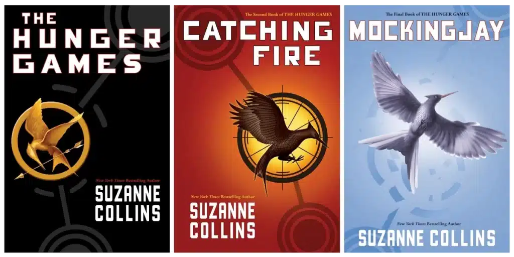 Book Cover for "Hunger Games" by Suzanne Collins. Image features the title and author on a black background with a golden sparrow holding a shield and arrow in an attack formation. 