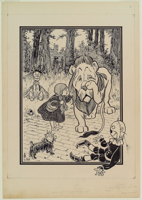 Cartoon book pencil drawing from L. Frank Baum's "The Wizard of Oz", with Dorothy comforting the cowardly Lion, while two Scarecrows and Toto, the dog look on. 