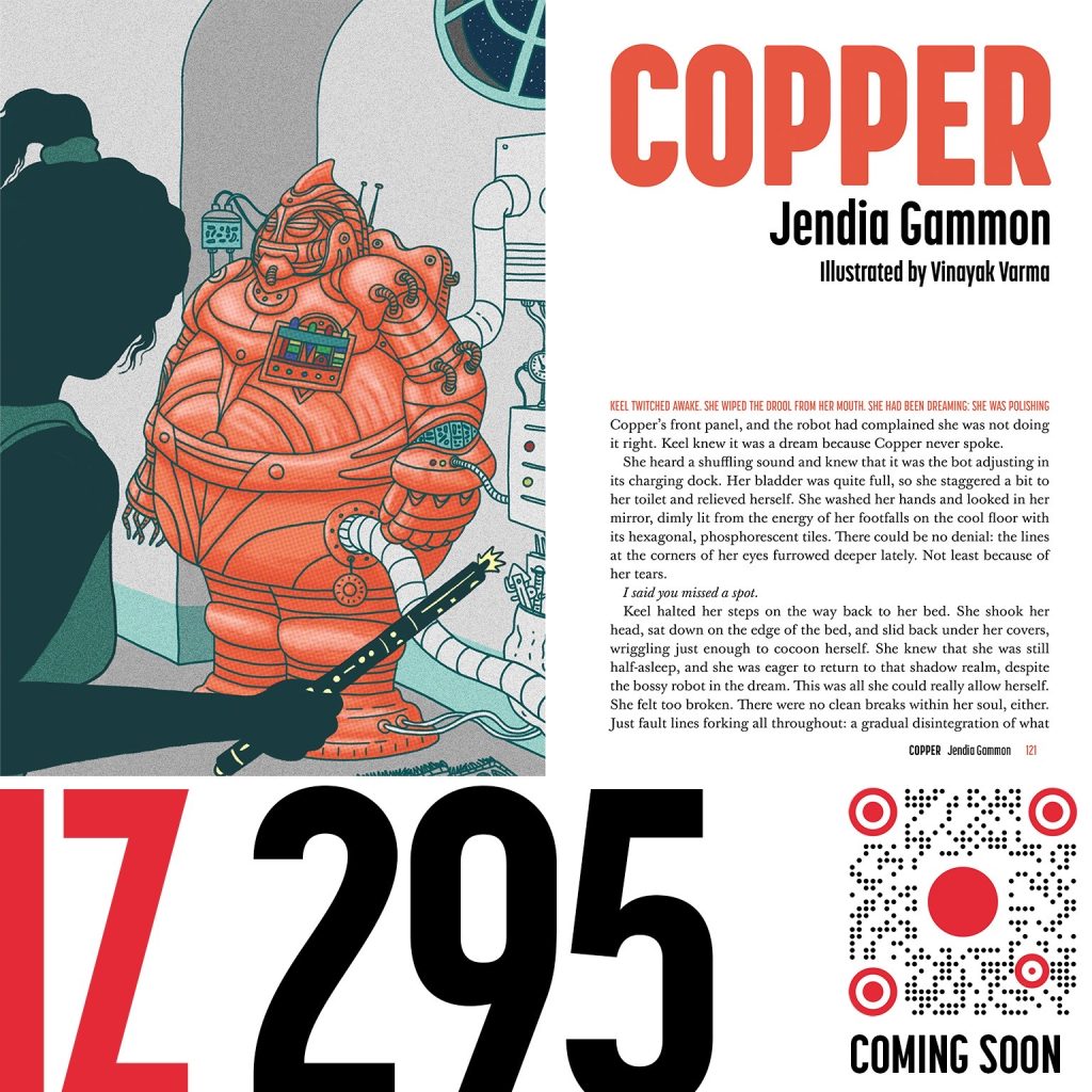 Advertisment for the book, "Copper" by Jendia Gammon, Illustrated by Vinayak Varma. Featuring a fish-shaped robot, about to get prodded by the silhouette of a female protagonist. 