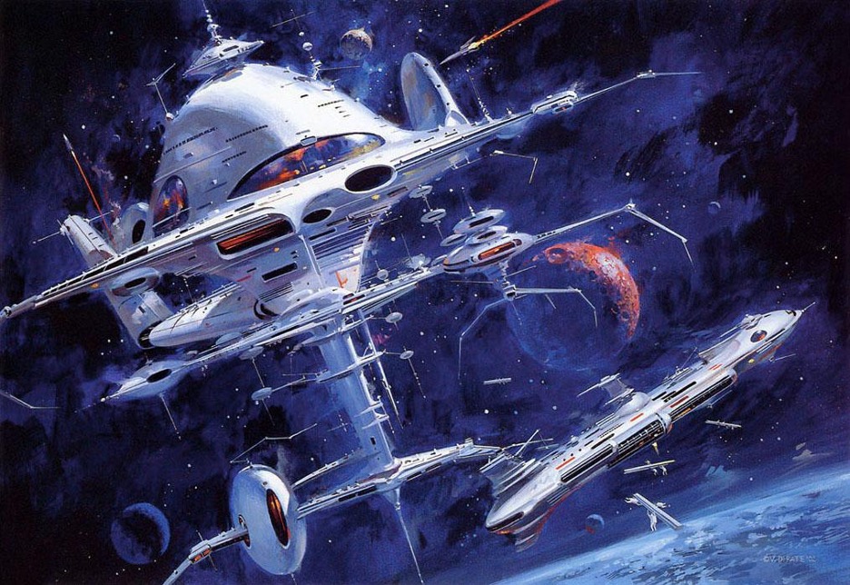 Fantastic science fiction painting of a very large space port, with spaceships docking and taking off, hovering in orbit over a blue planet. 