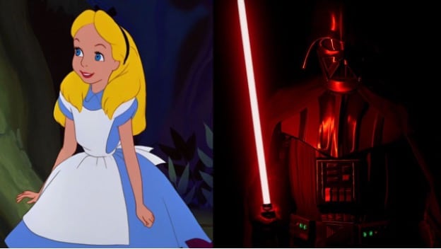 Split image, with Alice from Walt Disney's 1951 movie: Alice in Wonderland on the left, and Darth Vader, holding a red lightsaber from Star Wars on the right. How do these 2 IP giants compare? 