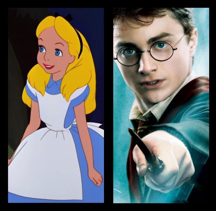 Alice as a cartoon character from Disney's 1951 Animated Classic: Alice in Wonderland on the left, and a young Harry Potter, wearing glasses and pointing a knife, as portrayed by Daniel Radcliffe in the films. This article will see how the 2 massive IP's match up against each other. 