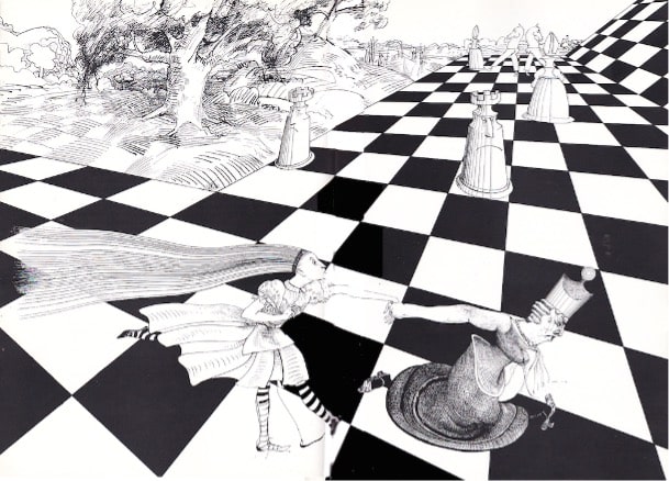 A black and white drawing of people playing chess, as imagined in the world of Lewis Carroll's Alice's Adventures in Wonderland done by Ralph Stedman