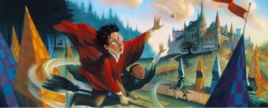 A cartoon painting of a child and wizard: Harry Potter, from the famous J.K. Rowling books. Here, Harry and his friends are riding broomsticks past colorful castle tops amongst a dense forest of trees. 