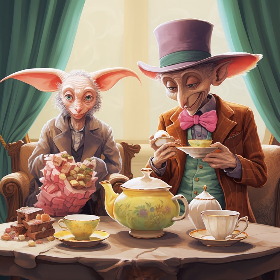 Artificial intelligence mashup of Alice in Wonderland's March hare and Harry Potter's Dobby, and the Mad Hatter and Dobby, enjoying a cup of tea. Made with Midjourney. 