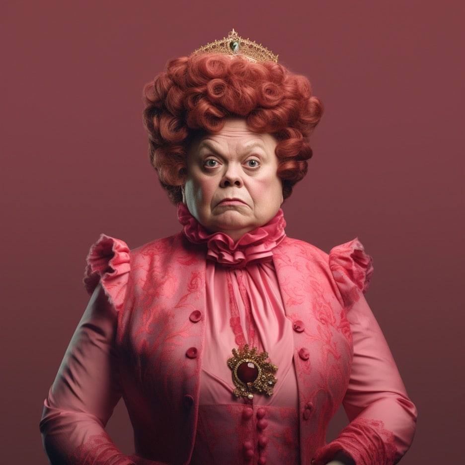 Artificial intelligence mashup of Alice in Wonderland's The Red Queen, wearing a pink dress, but her face looks like Harry Potter's Professor Umbridge. 
