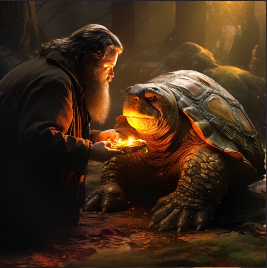 Artificial intelligence mashup of Alice in Wonderland's Mock Turtle with Harry Potter's Hagrid holding a fire in his hand, adding the turtle to his Wizarding Bestiary. 