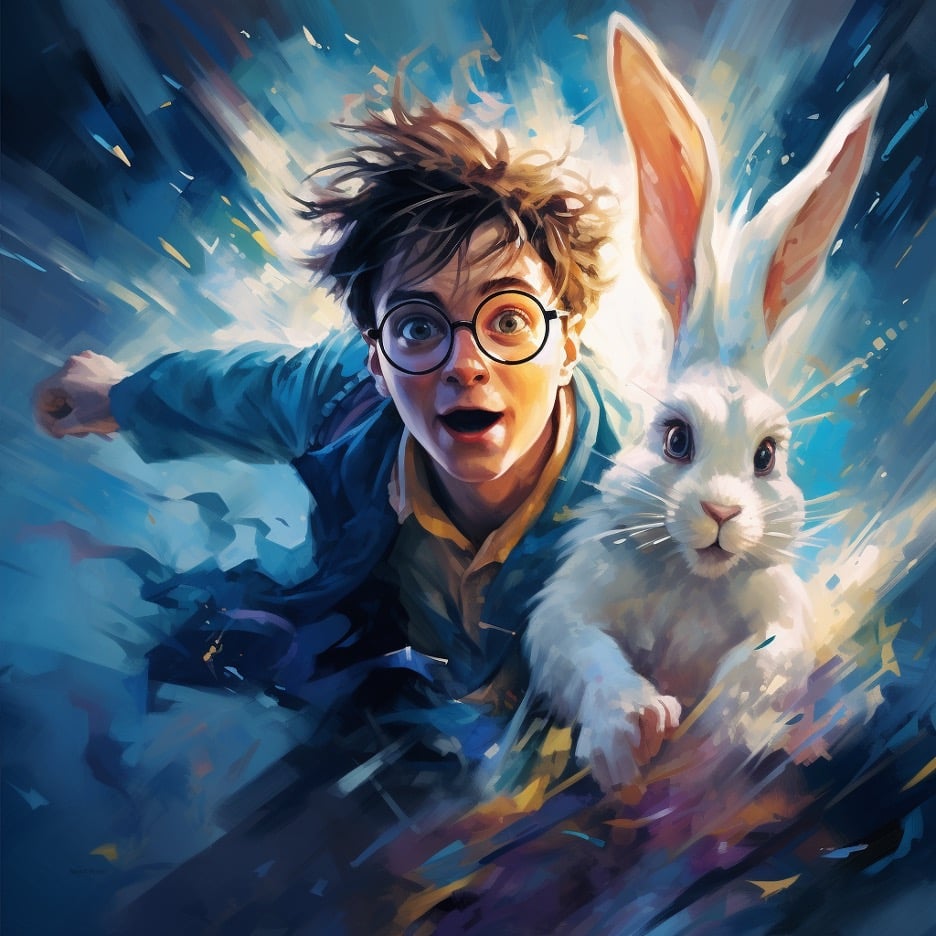 A child version of Harry Potter, falling down the rabbit hole, while holding the white rabbit from Alice's  Adventures in Wonderland, by Lewis Carroll. 
