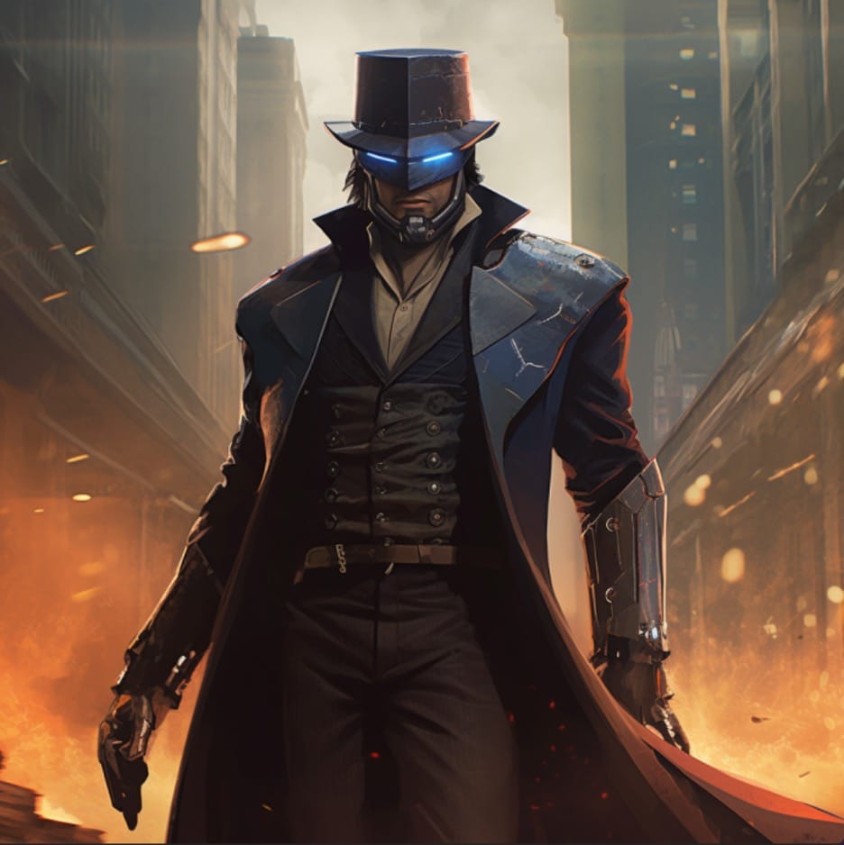 Artist illustration of Hatter Madigan, wearing a hat and coat of beskar armor from Frank Beddor's Hatter M graphic novel series and The Looking Glass Wars books. In this image he is stylized to also look like Din Djarin - Pedro Pascal's character from the hit Disney Plus series: The Mandalorian.  