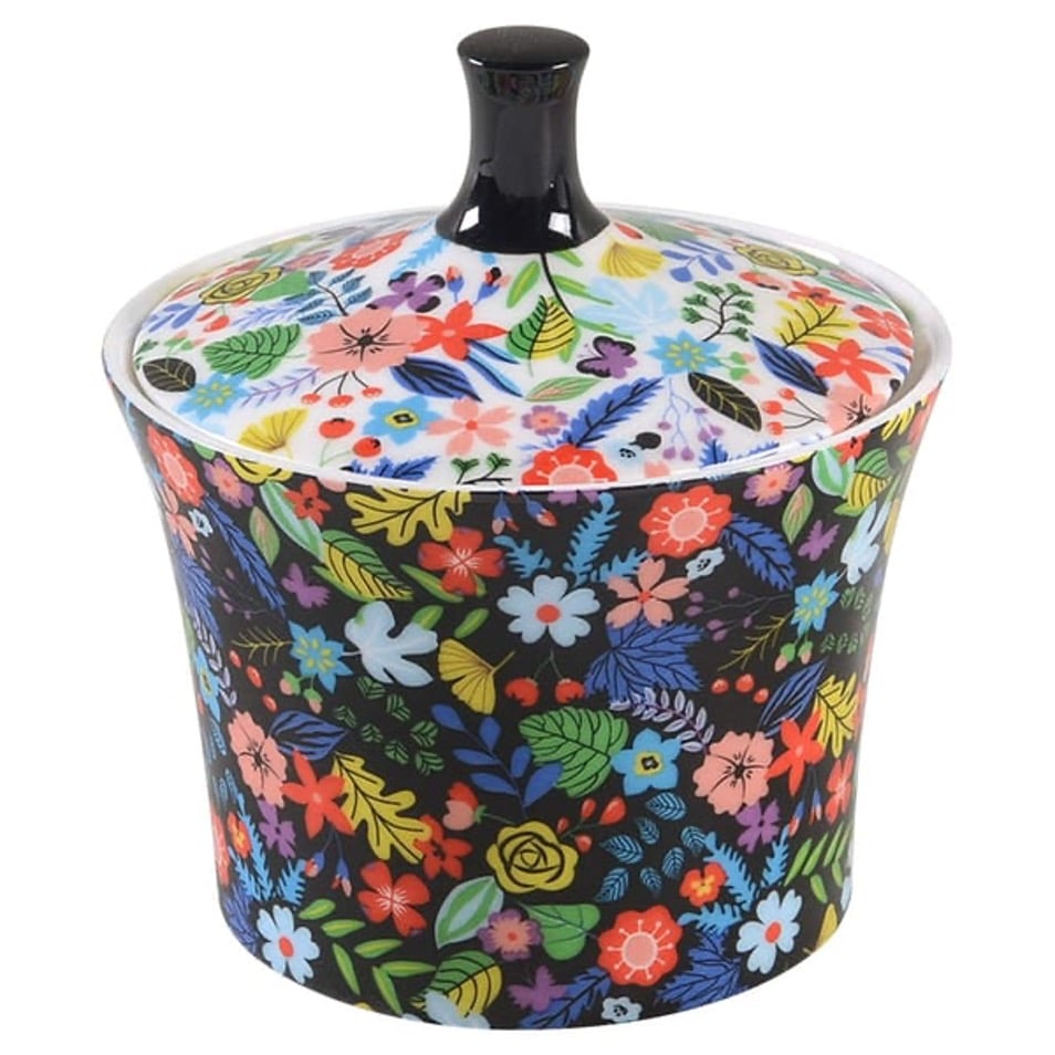 A colorful ceramic container with a lid, made by Gracie Bone China. This one is covered in a multi-colored floral pattern and inspired by Lewis Carroll's Mad Hatter character from Alice in Wonderland. The perfect way to celebrate Mad Hatter Day, 2023. 