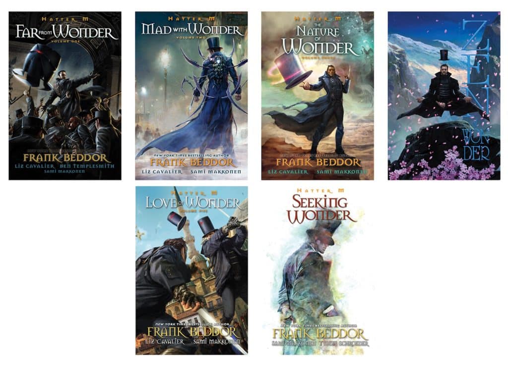 A collection of Hatter M graphic novels and books by Frank Beddor, with illustrations on each cover. The 6 books pictured are: "Far From Wonder", "Mad With Wonder", "The Nature of Wonder", "Zen of Wonder", "Love of Wonder", and "Seeking Wonder". 