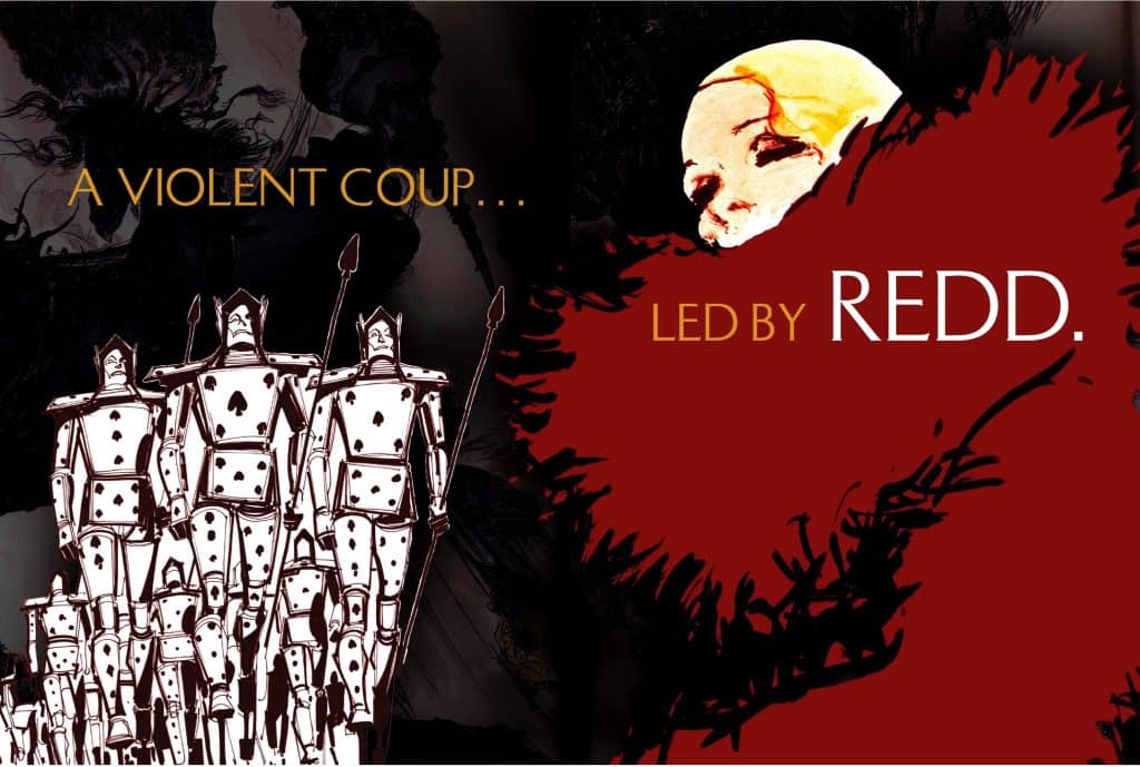 A promotional image from the Looking Glass Wars Musical of Queen Redd in an art nouveau style as Card Soldiers march menacingly 