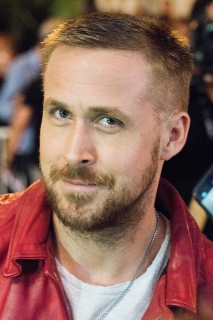 Image of Ryan Gosling with a beard, from The Barbie Movie fame, at a recent Hollywood event. 