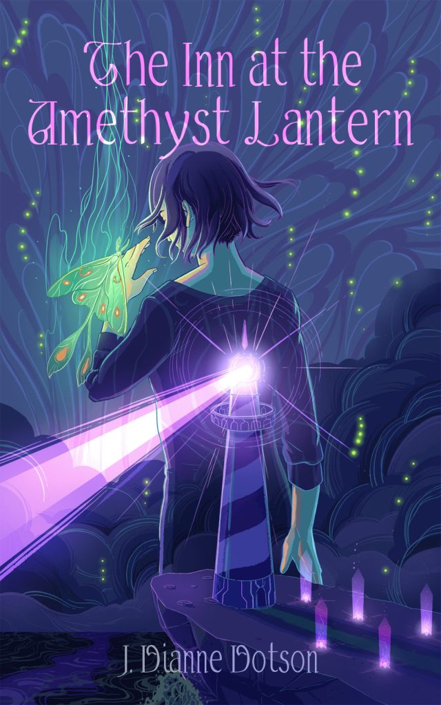 Book Cover for "The Inn at the Amethyst Lantern" by J. Dianne Dotson, featuring a young girl, shrouded in purple light from the lighthouse, and holding a teal, aquamarine colored moth, with her back turned to the audience. 