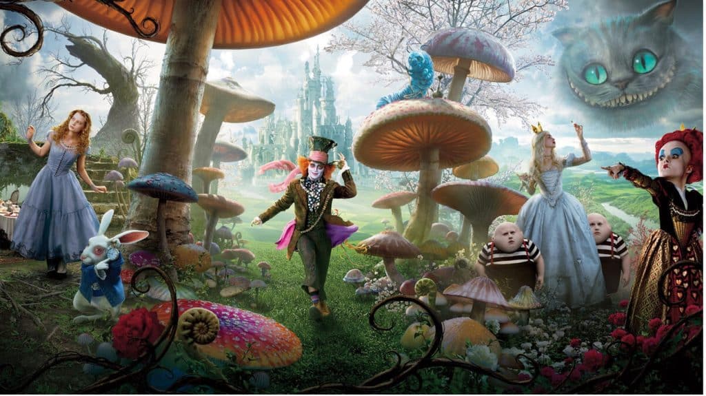 Collage image from Tim Burton's 2010 film: Alice in Wonderland. This features Johnny Depp's The Mad Hatter in the center of a field of giant mushrooms, with Alice and the White Rabbit to his right, and Helena Bonham Carter's the Red Queen, the White Queen, the Caterpillar, Tweedledum and Tweedledee on his left. The Chesire Cat is in the top corner, overlooking all the characters from this beautiful Disney film. 