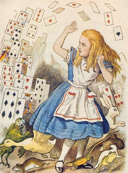 A classic illustration by John Tenniel of Alice bracing against flying playing cards as animals such as parrots, ducks, frogs, and rabbits scurry around her feet