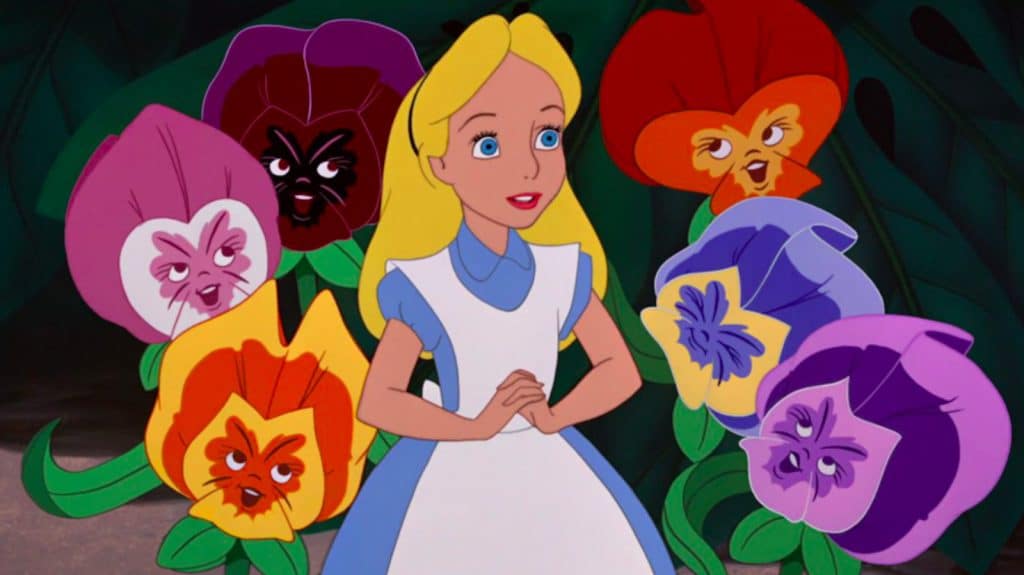 Alice and singing flowers in Disney's 1951 film "Alice in Wonderland".