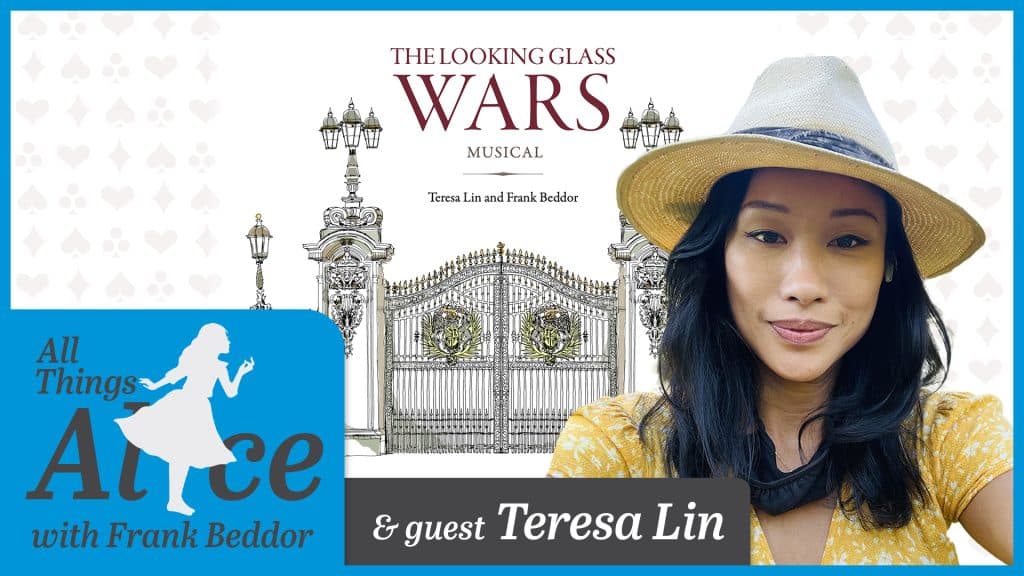 "All Things Alice" Podcast logo incorporating images of Teresa Lin and "The Looking Glass Wars" musical logo. 