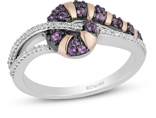 A jewel encrusted ring modeled on the iconic purple striped tail of the Cheshire Cat. 