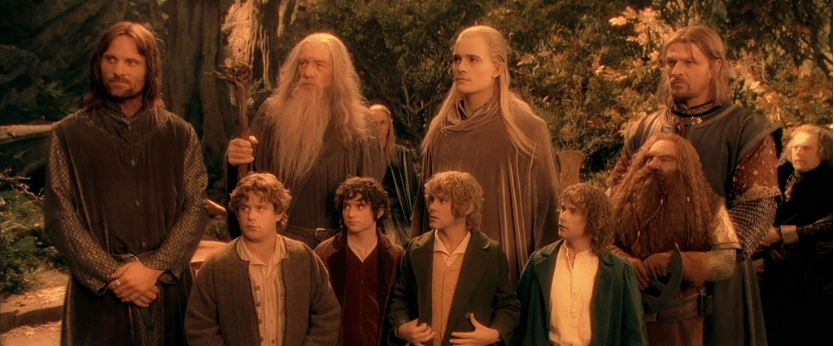 The Fellowship, Aragorn, Gandalf, Legolas, Boromir, Sam, Frodo, Merry, Pippin, and Gimli in "The Lord of the Rings: The Fellowship of the Ring"