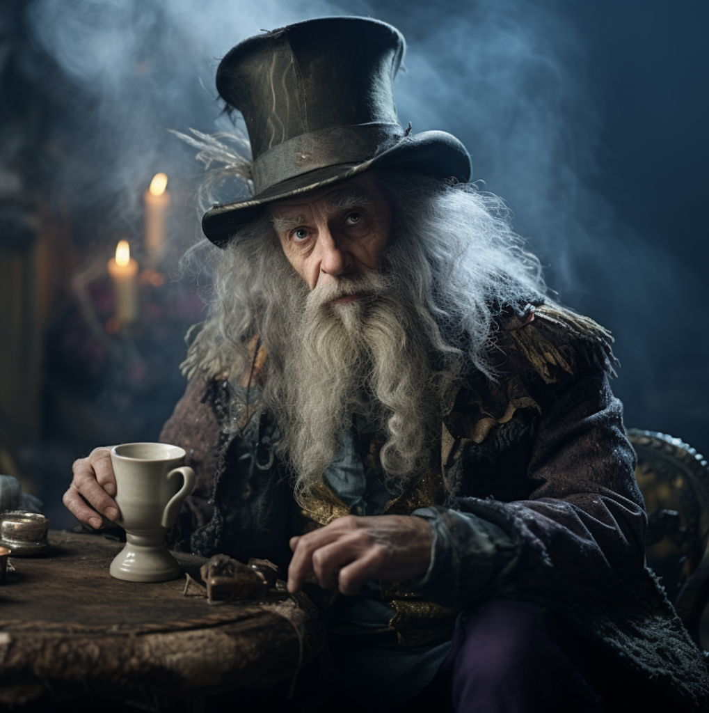 An old wizard sitting at a table enjoying a beverage. 