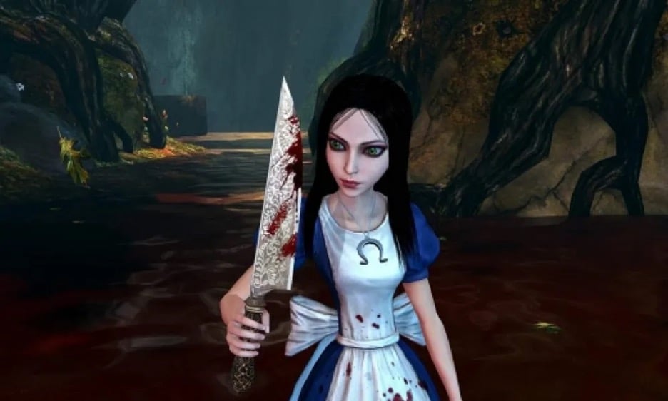 A promotional still from American McGee's Alice, she holds a large bloody knife while wearing edgy make up and a blood splattered white apron over her classic blue dress.