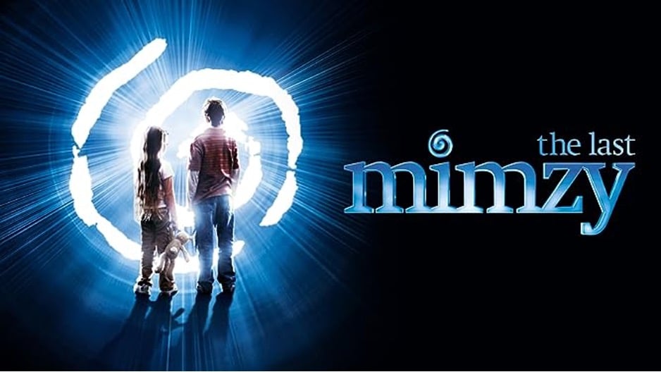 The poster for the film The Last Mimzy -- two children walk into a swirling bright blue light, the little girl holds a stuffed rabbit
