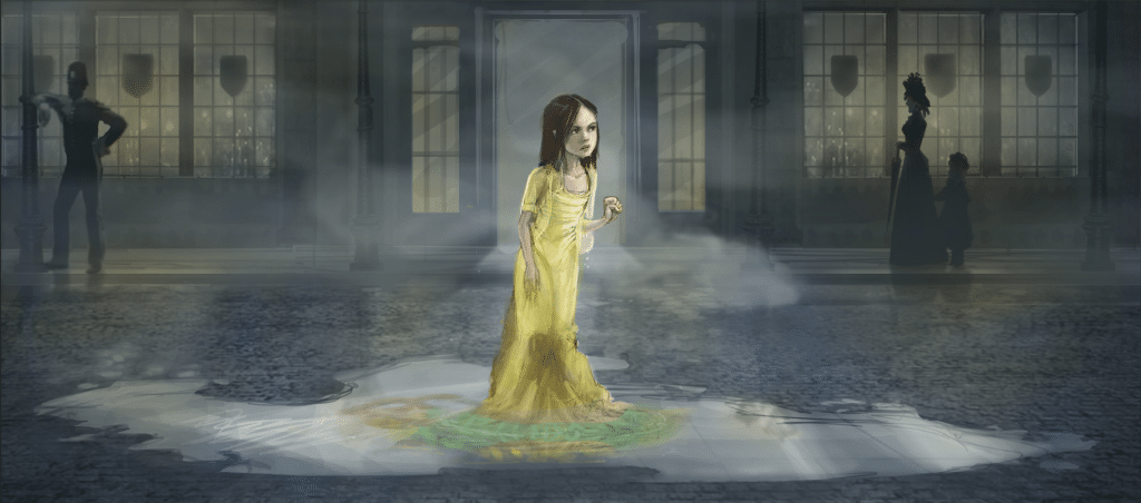Princess Alyss stands in a stately ballroom in an illustration based on the novel, "The Looking Glass Wars".