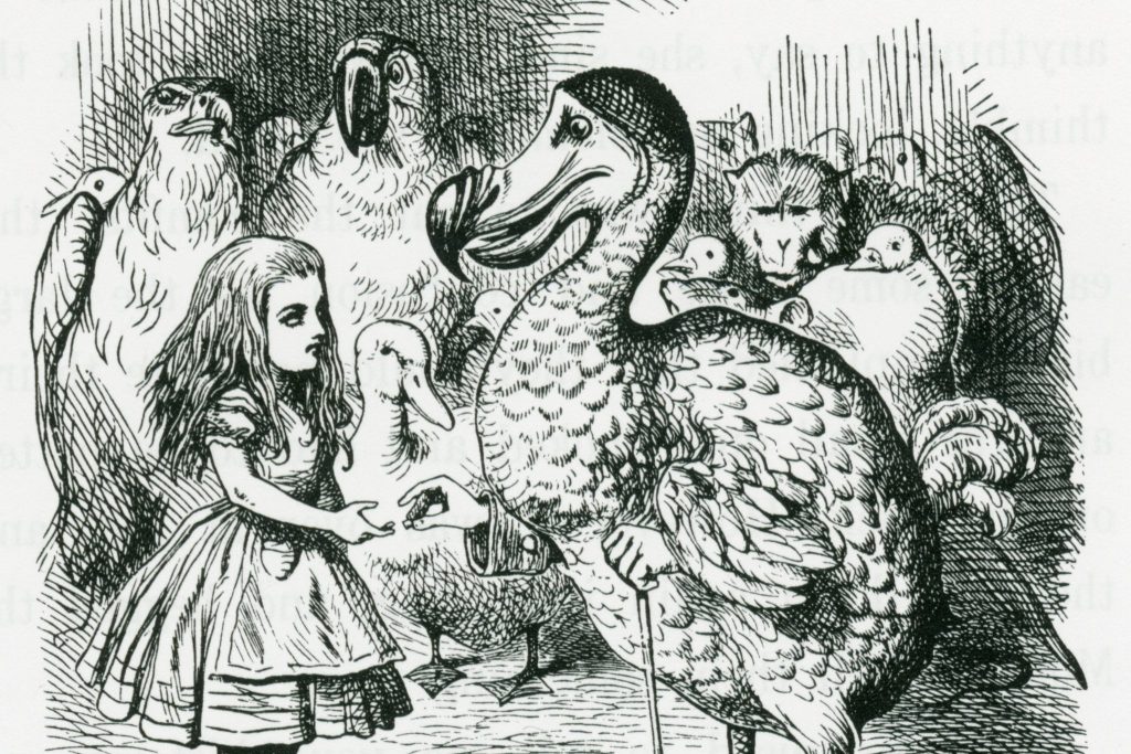 John Tenniel illustration of Alice and a giant anthropomorphic flamingo from "Alice's Adventures in Wonderland".