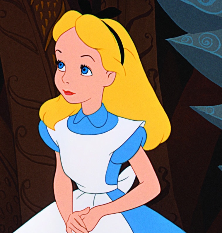 Still image of Alice wearing a blue dress and white smock from Disney's 1951 "Alice in Wonderland".