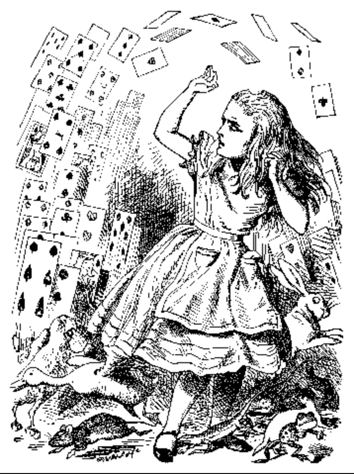John Tenniel illustration of Alice with cards around her from "Alice's Adventures in Wonderland."