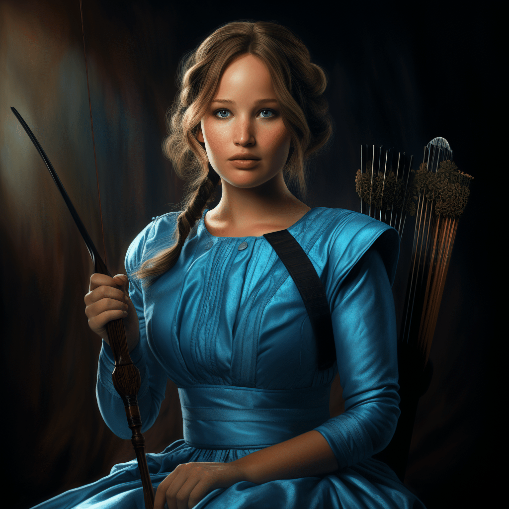 Katniss Everdeen from "The Hunger Games" with bow and arrows dressed as Alice from "Alice in Wonderland".