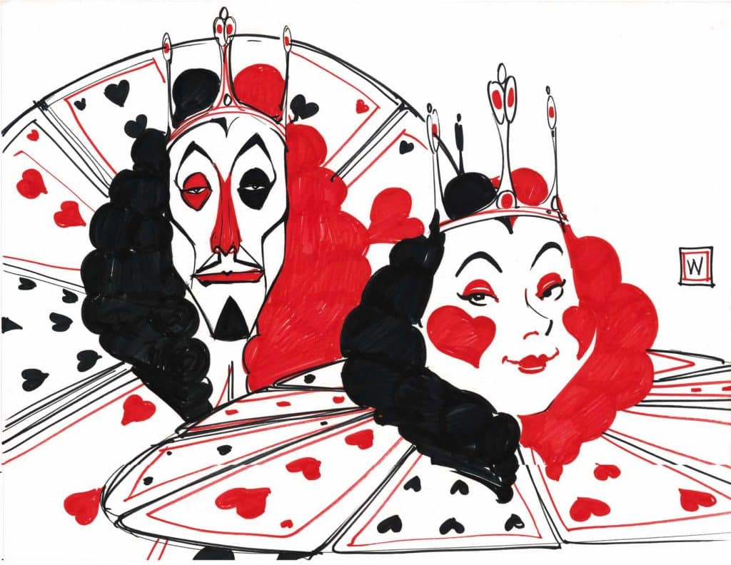 The King and Queen of Hearts from "The Looking Glass Wars", wearing playing card ruffs, in a piece by artist John Watkiss.